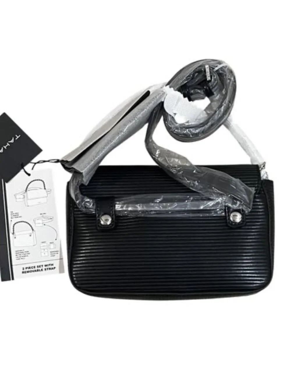 Tahari Essex St Sling Bag Small Black Emboss Stripe Faux Leather Belt